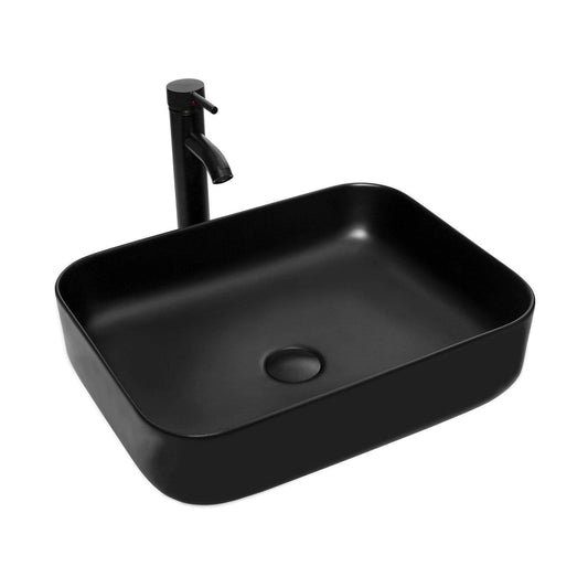 Elecwish Vessel Sinks Square Black Ceramic Bathroom Vessel Sink Faucet and Drain Combo,Rectangle Black