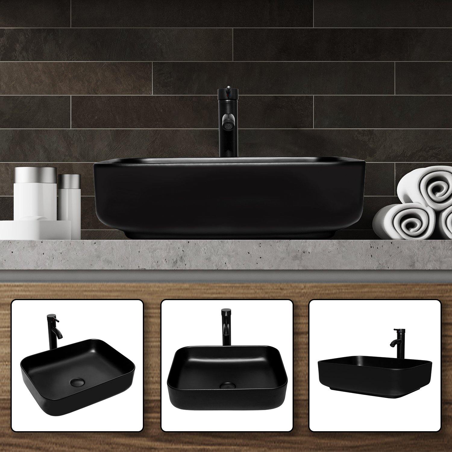 Four angle views of Black Rectangular Ceramic Vessel Sink BG1008 