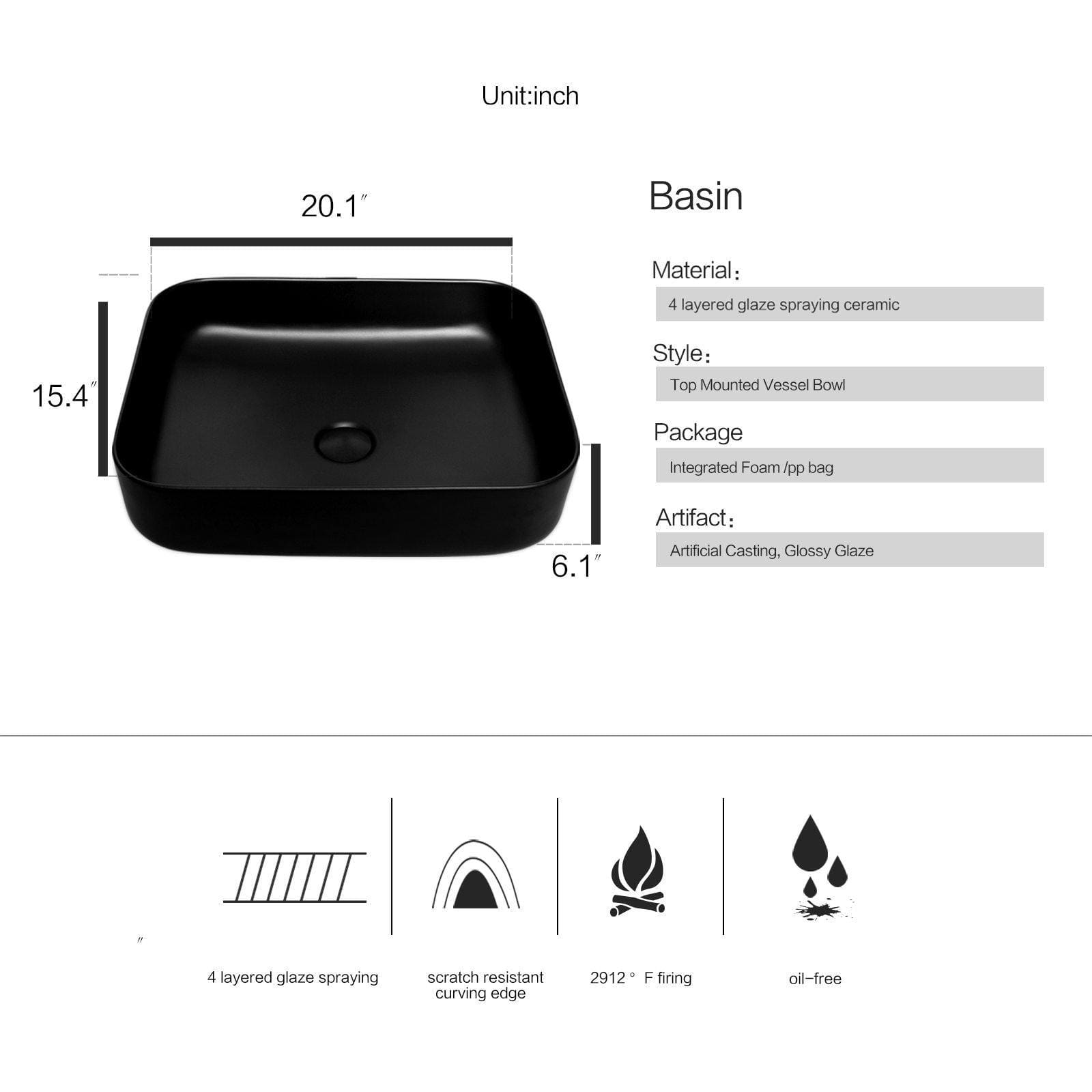 Black Rectangular Ceramic Vessel Sink BG1008 basin size and features 