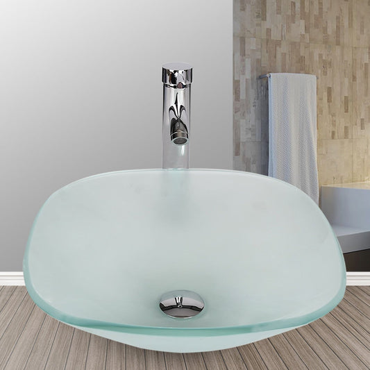 Elecwish Vessel Sinks Square Tempered Glass Bathroom Vessel Sink Set Faucet Drain,Frosted
