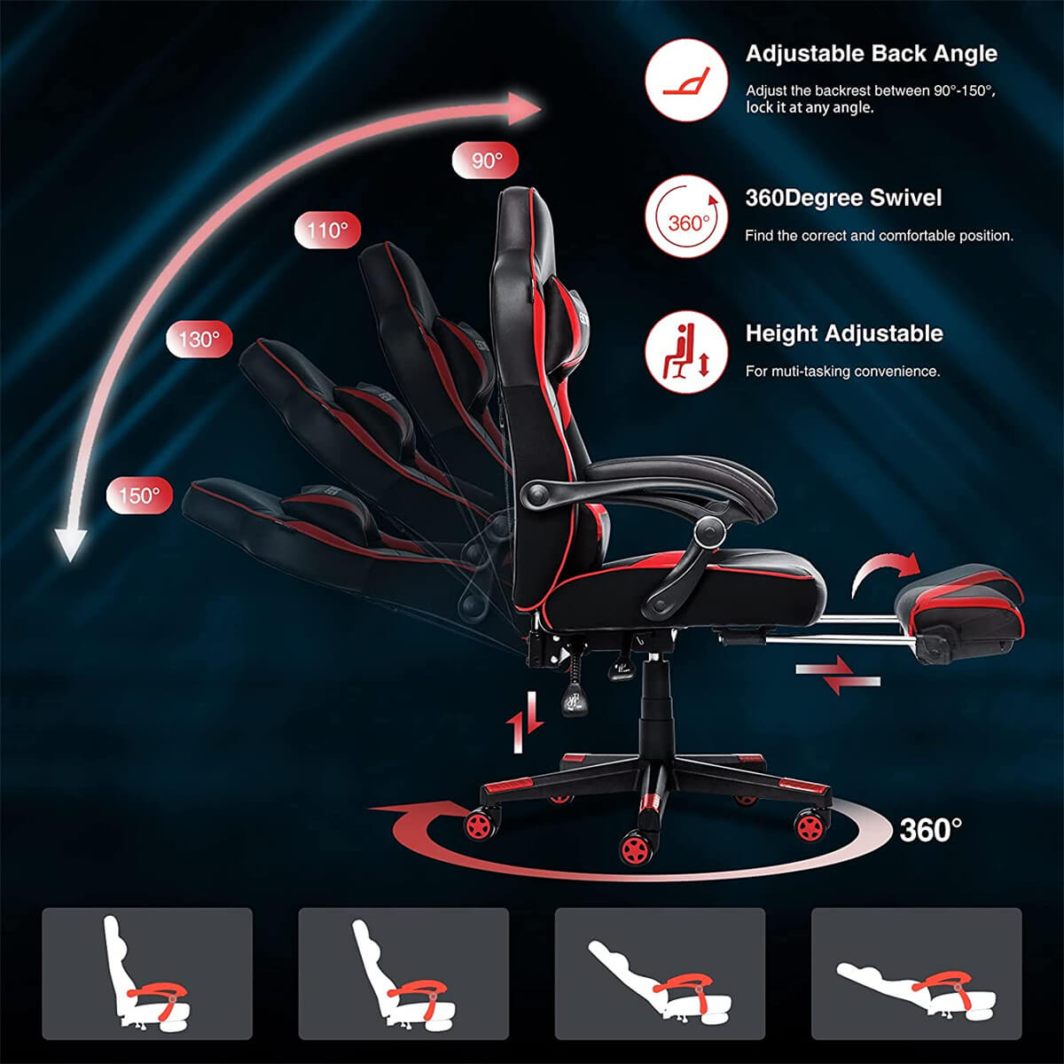 Elecwish Video Game Chairs Red Gaming Chair With Footrest OC087 can adjustback angle, height and have 360 degree swivel