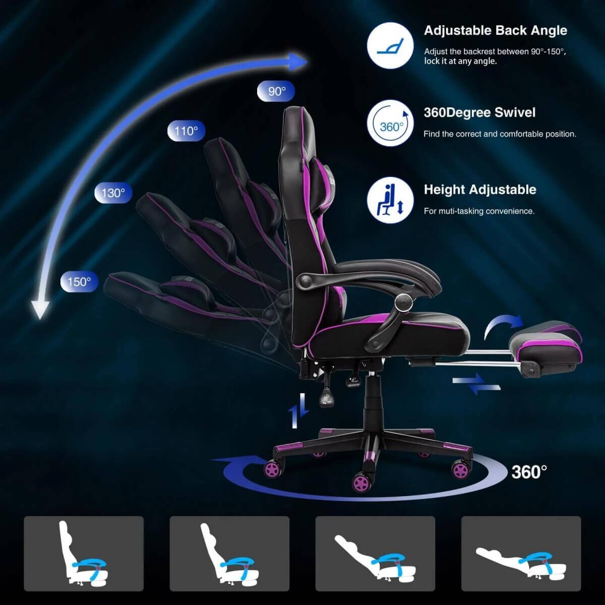 Elecwish Video Game Chairs Purple Gaming Chair With Footrest OC087 can adjustback angle, height and have 360 degree swivel