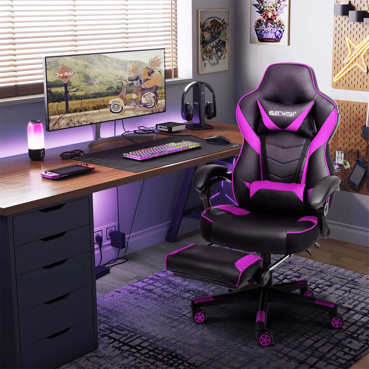 Elecwish Video Game Chairs Purple Gaming Chair With Footrest OC087 display situation