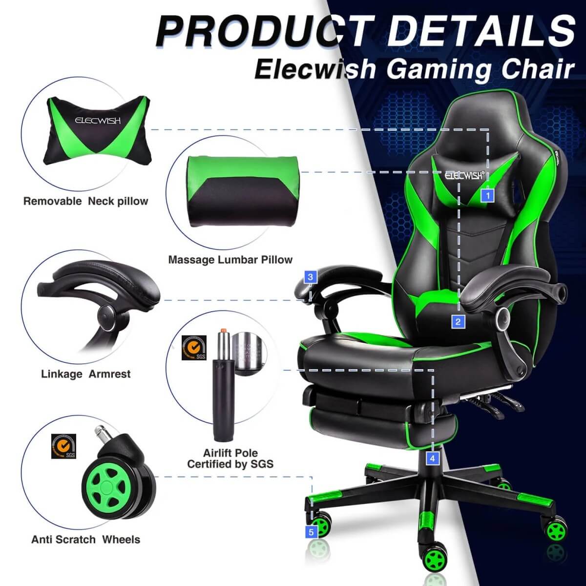 Elecwish Video Game Chairs Green Gaming Chair With Footrest OC087 details