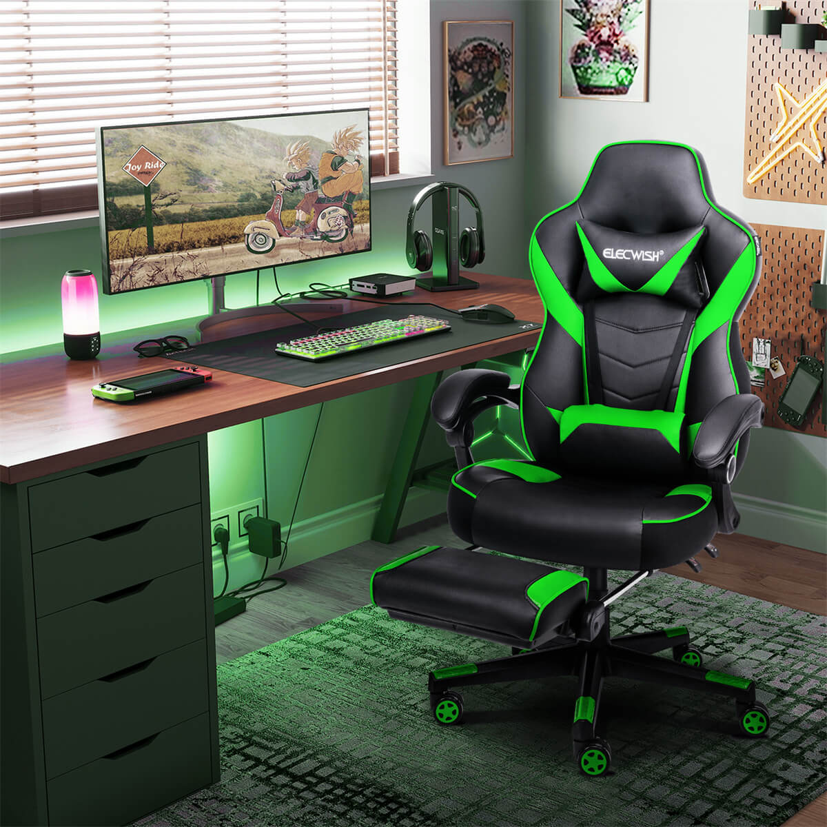 Elecwish Video Game Chairs Green Gaming Chair With Footrest OC087 displays in room