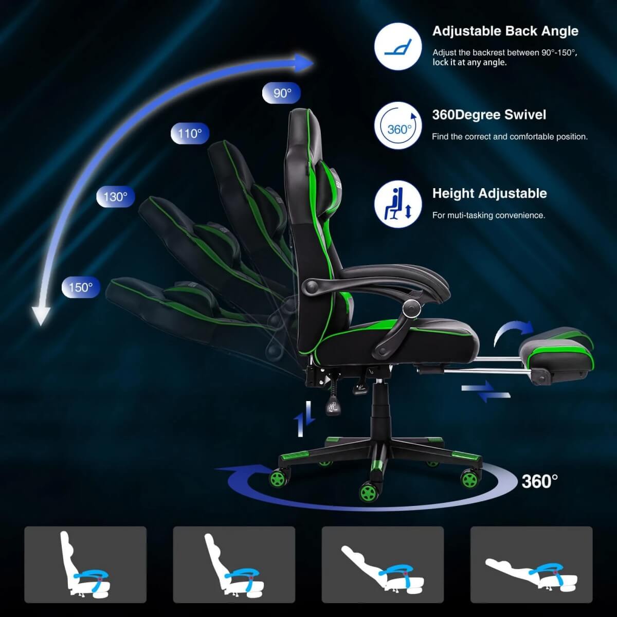 Elecwish Video Game Chairs Green Gaming Chair With Footrest OC087 can adjustback angle, height and have 360 degree swivel