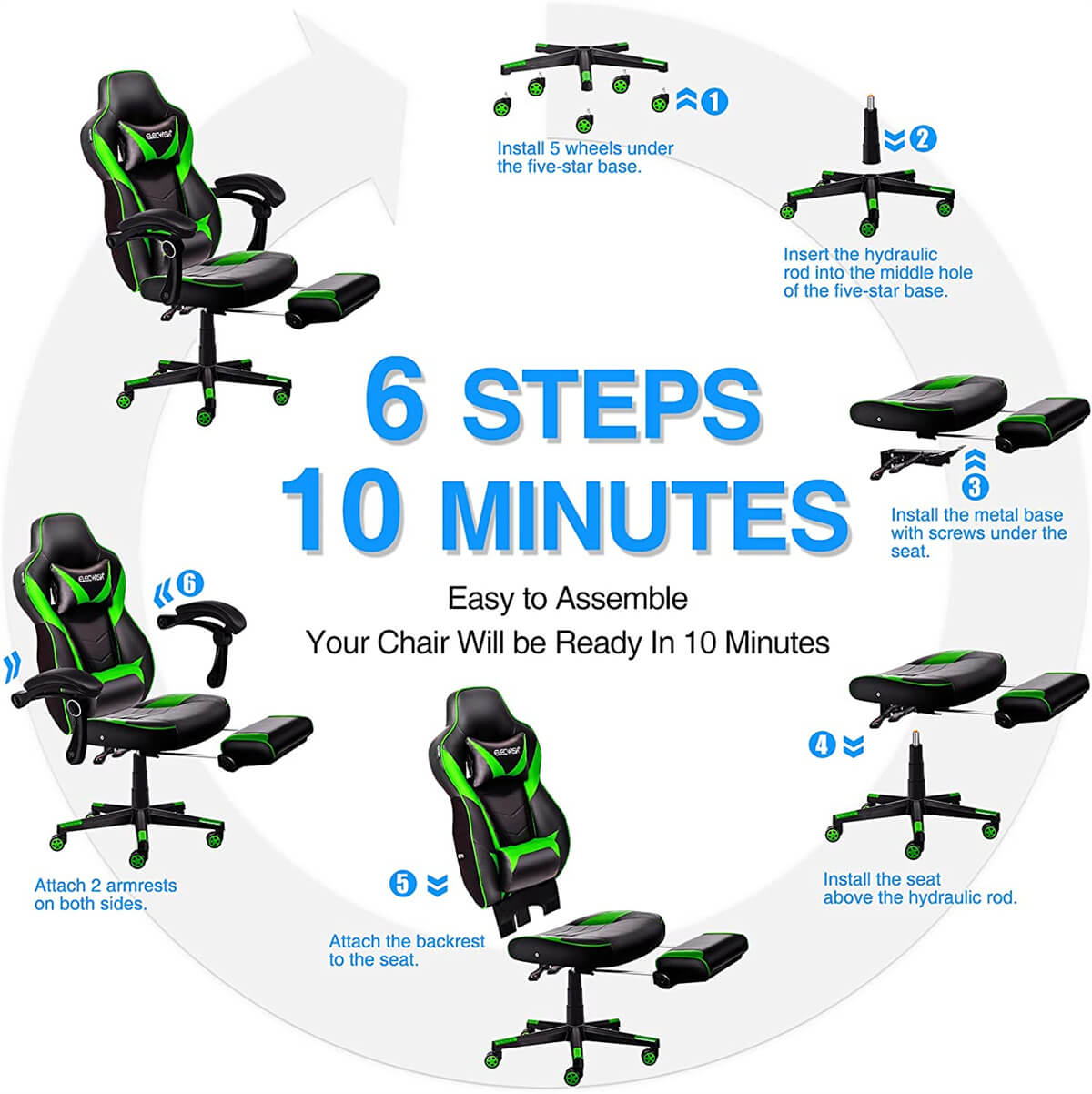 Elecwish Video Game Chairs Green Gaming Chair With Footrest OC087 is easy to assemble