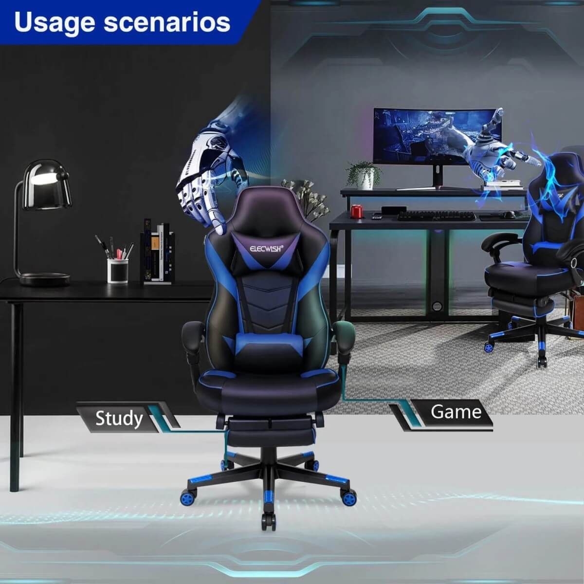 Usage scenaries Elecwish Video Game Chairs Blue Gaming Chair With Footrest OC087