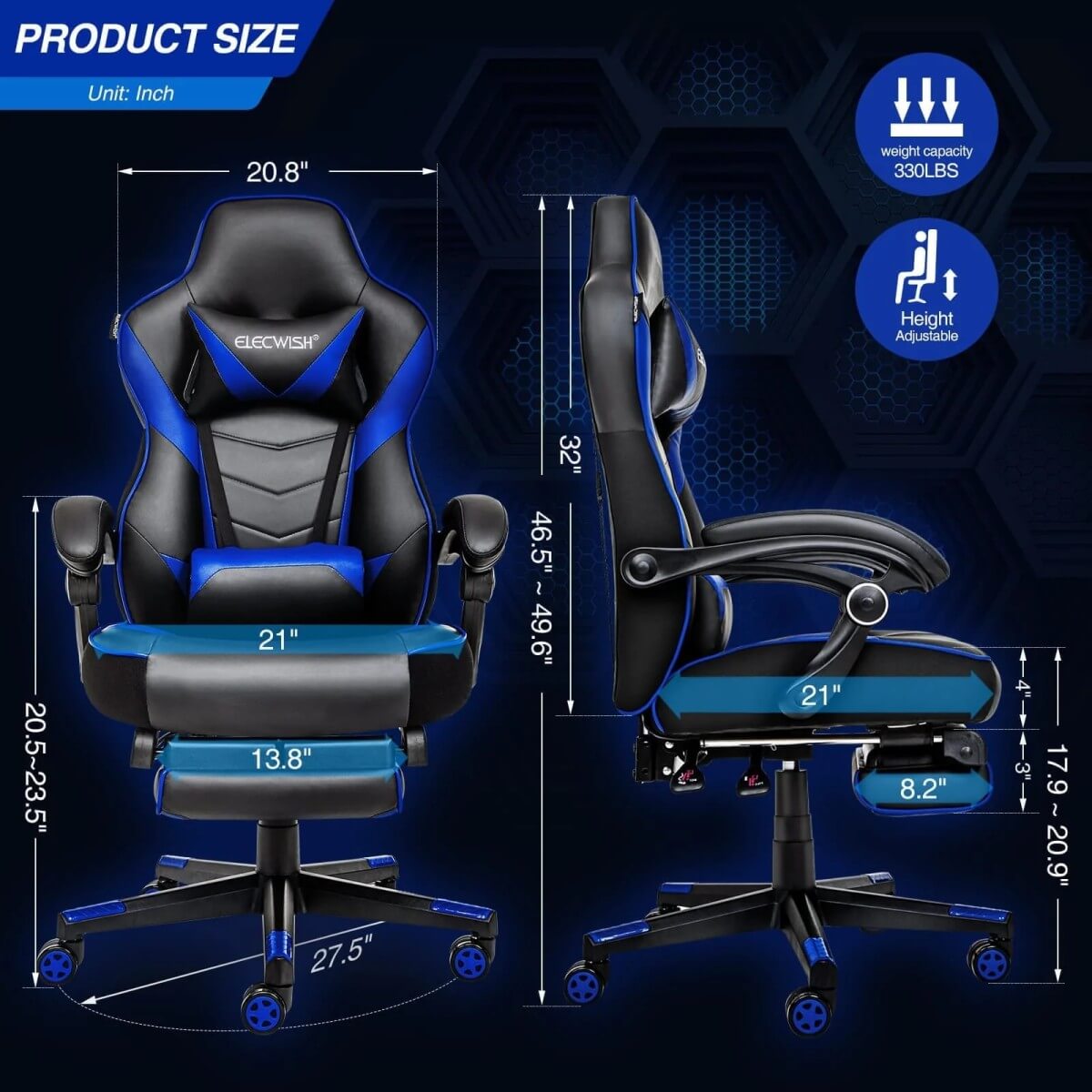 Elecwish Video Game Chairs Blue Gaming Chair With Footrest OC087 size