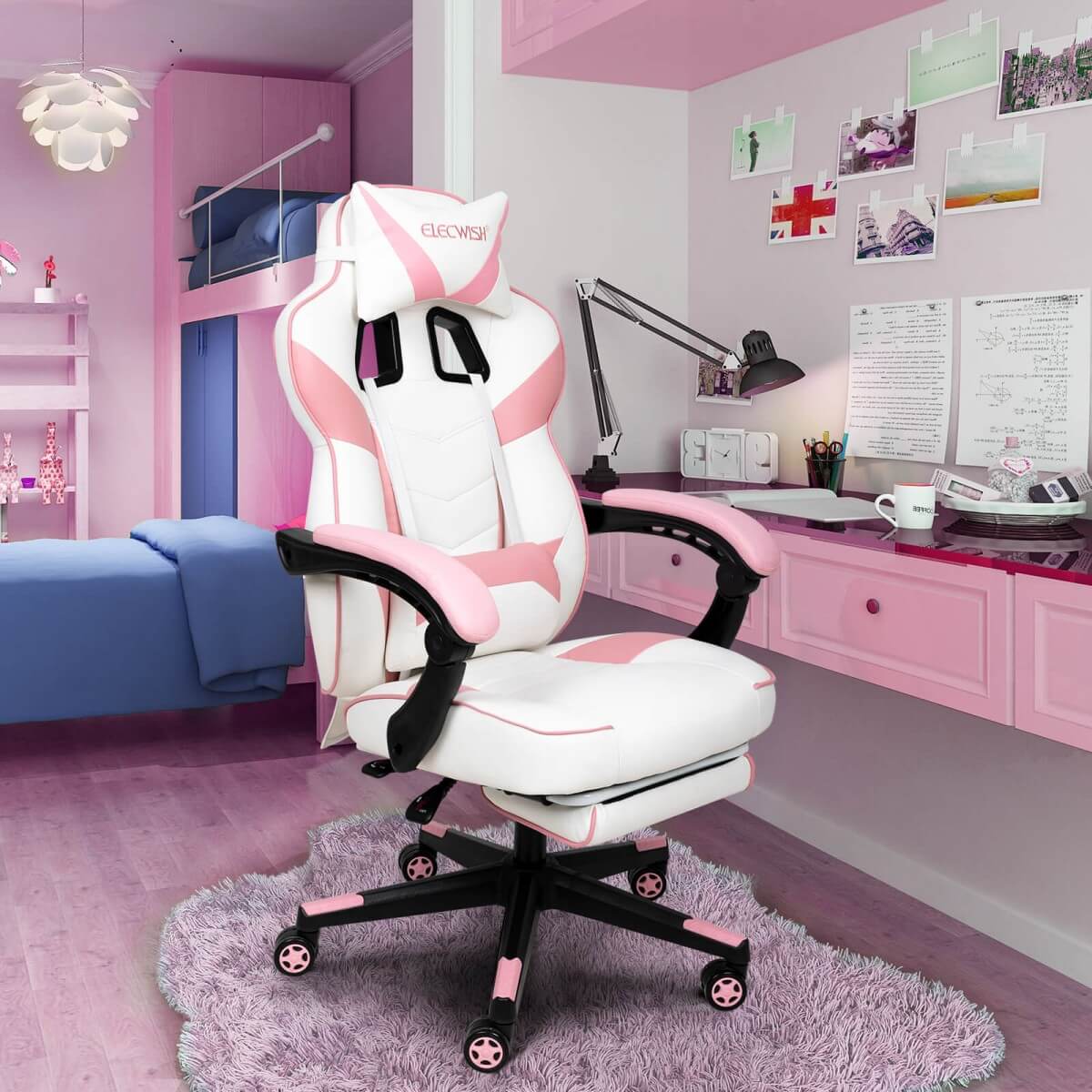 Elecwish Video Game Chairs Pink Gaming Chair With Footrest OC087 displays situation