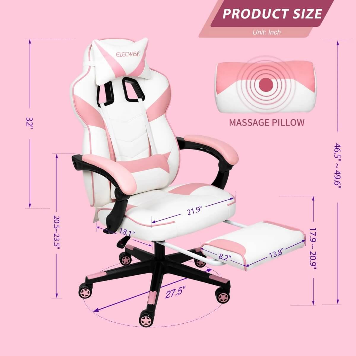 Elecwish Video Game Chairs Pink Gaming Chair With Footrest OC087 size