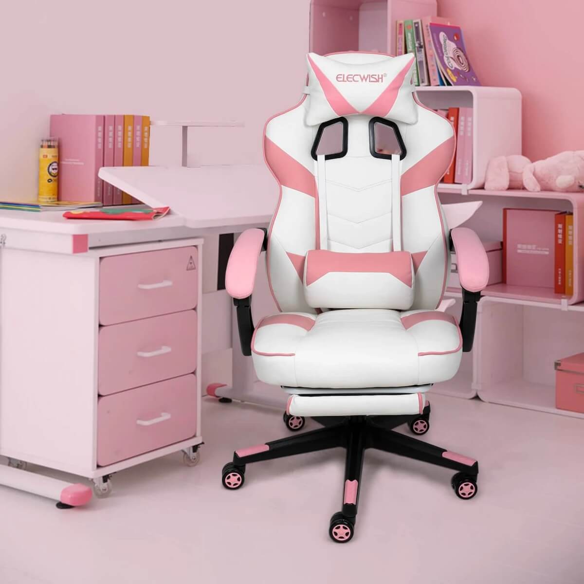 Elecwish Video Game Chairs Pink Gaming Chair With Footrest OC087 displays in the office room