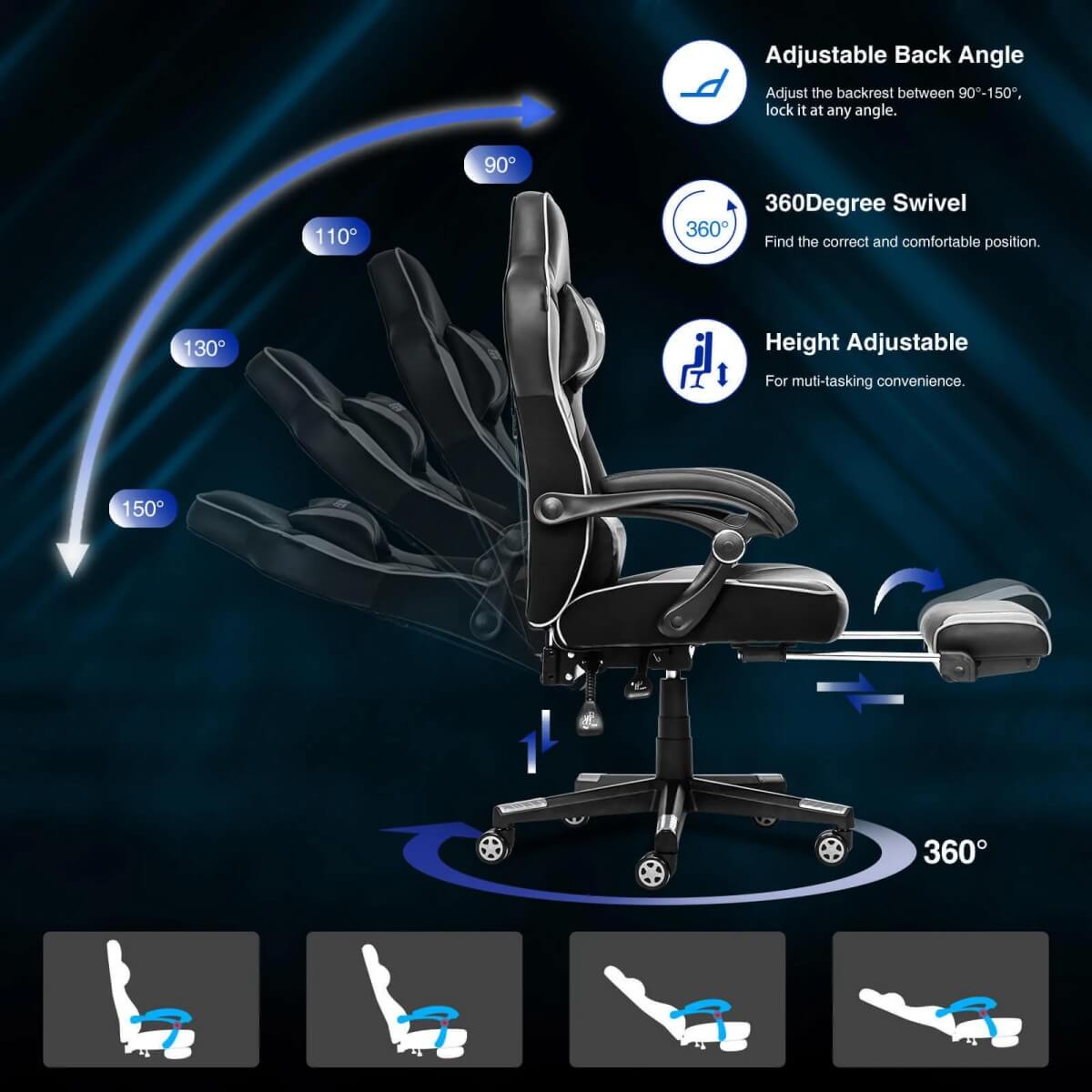 Elecwish Video Game Chairs White Gaming Chair With Footrest OC087 can adjustback angle, height and have 360 degree swivel