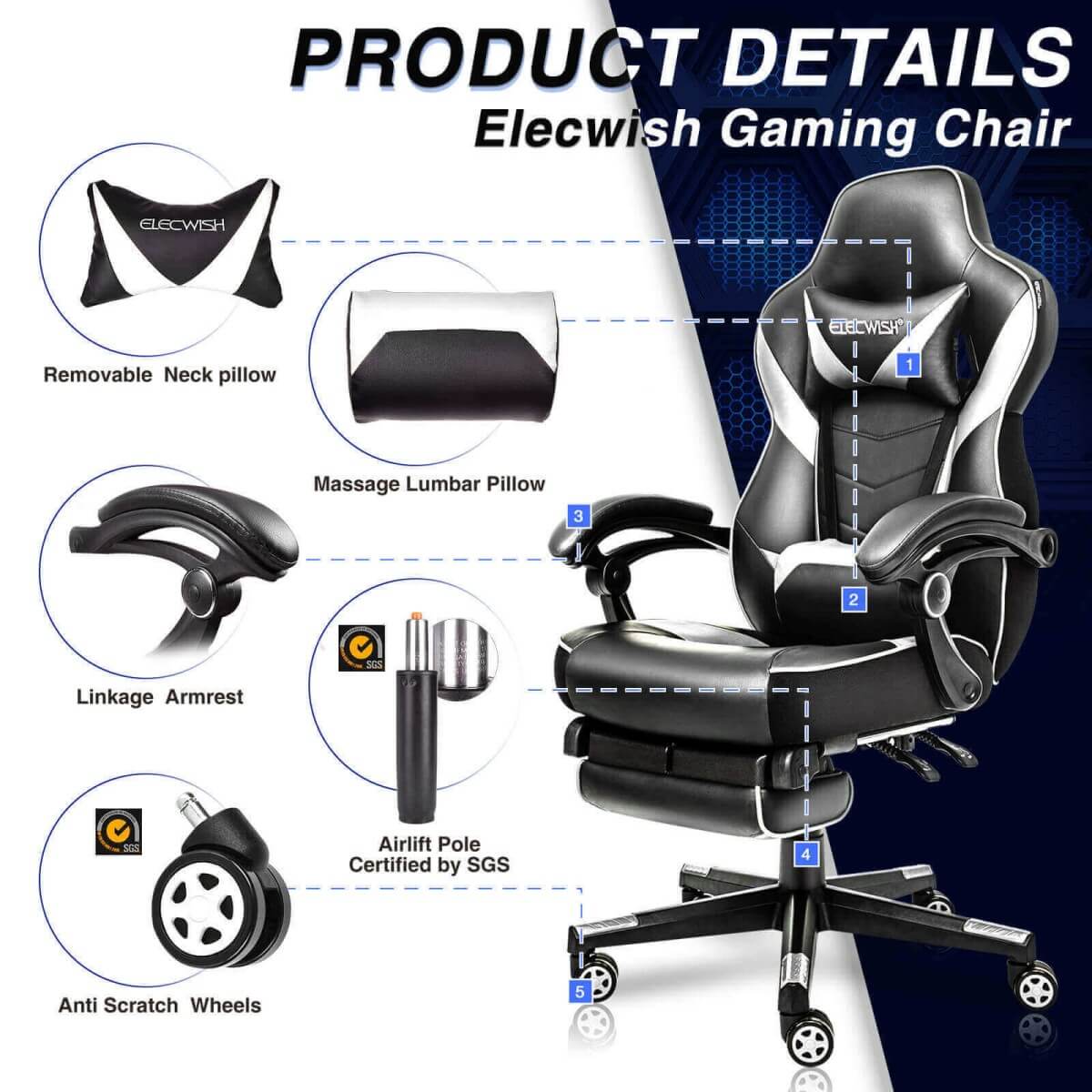 Elecwish Video Game Chairs White Gaming Chair With Footrest OC087 details