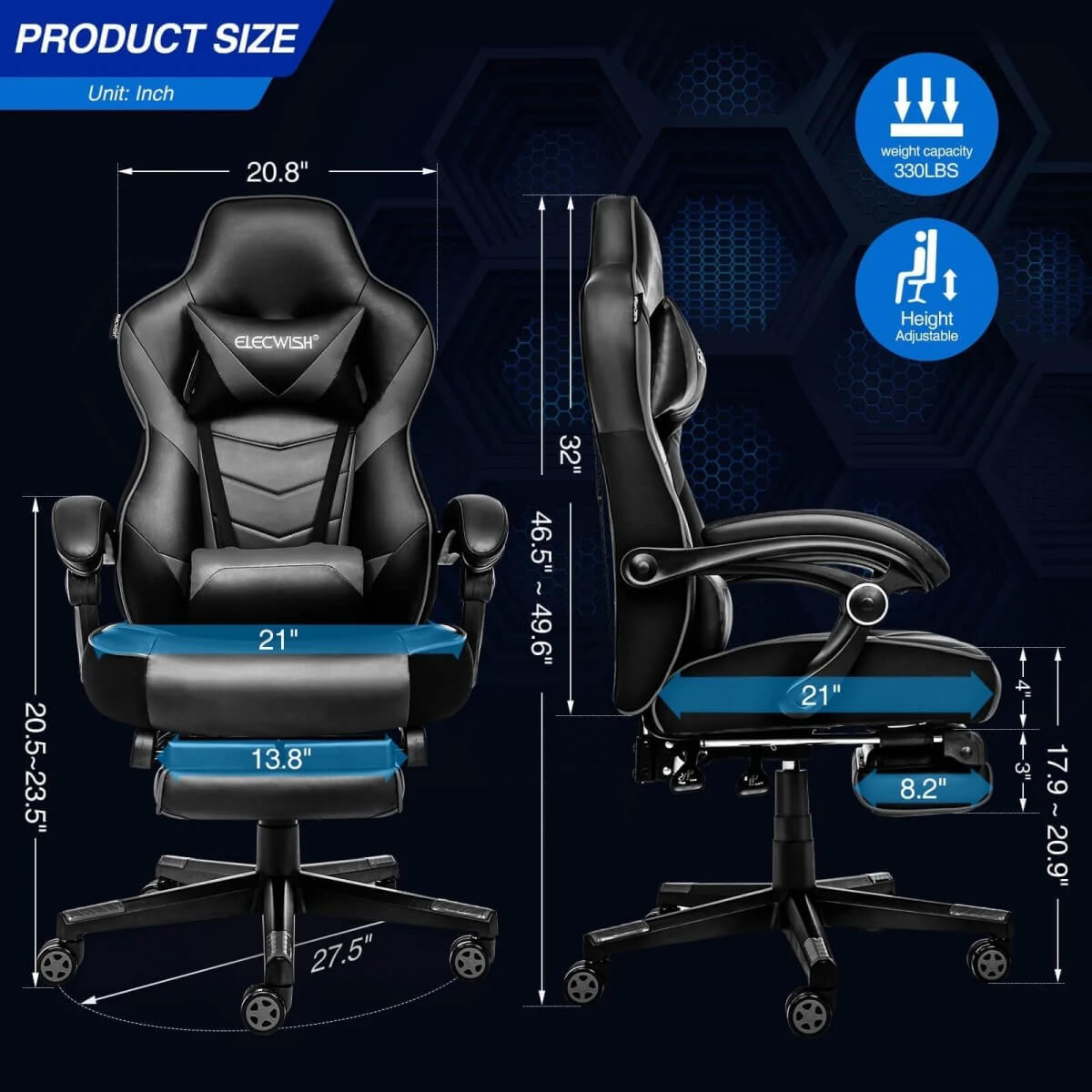 Elecwish Video Game Chairs Grey Gaming Chair With Footrest OC087 size
