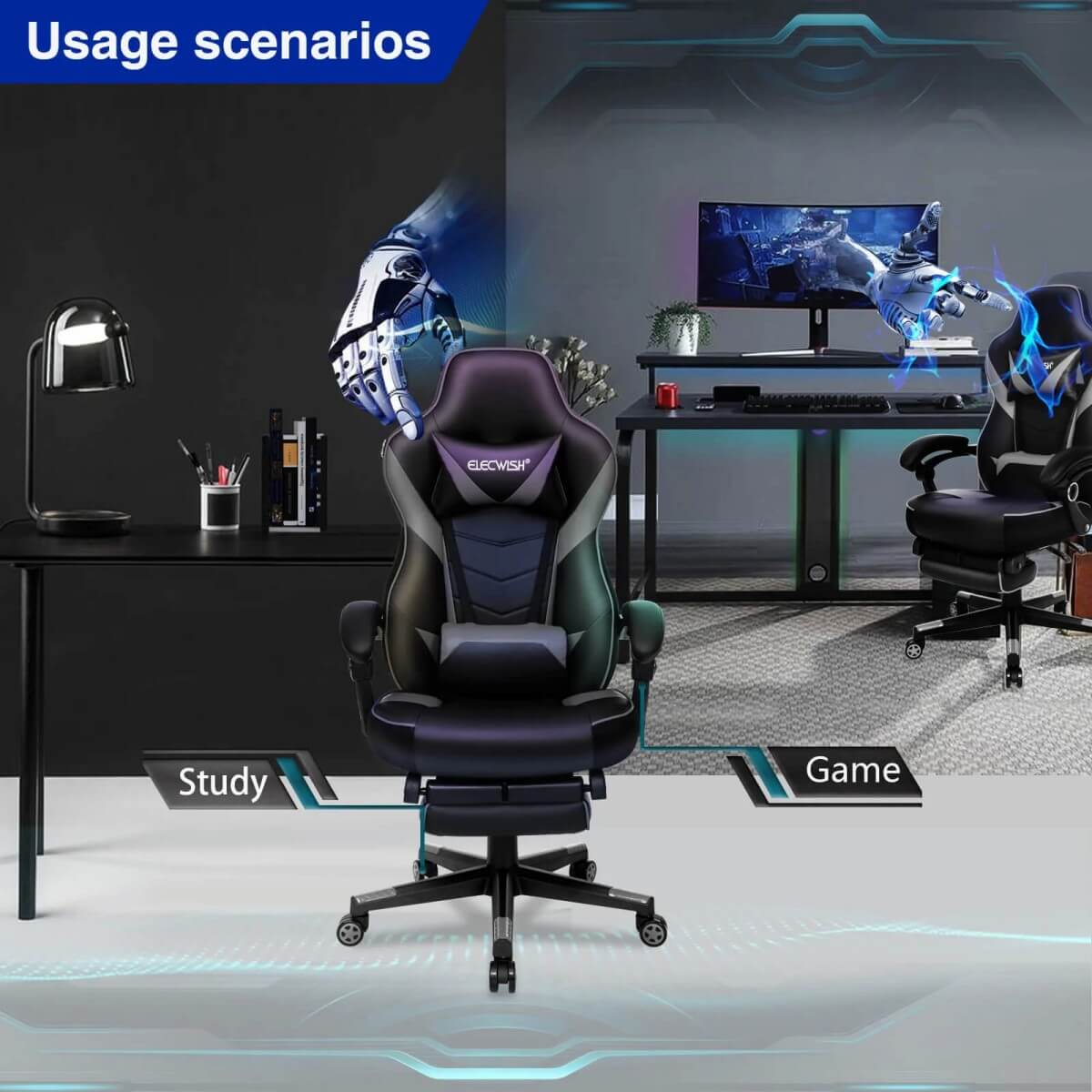 Usage scenes of Elecwish Video Game Chairs Gray Gaming Chair With Footrest OC087