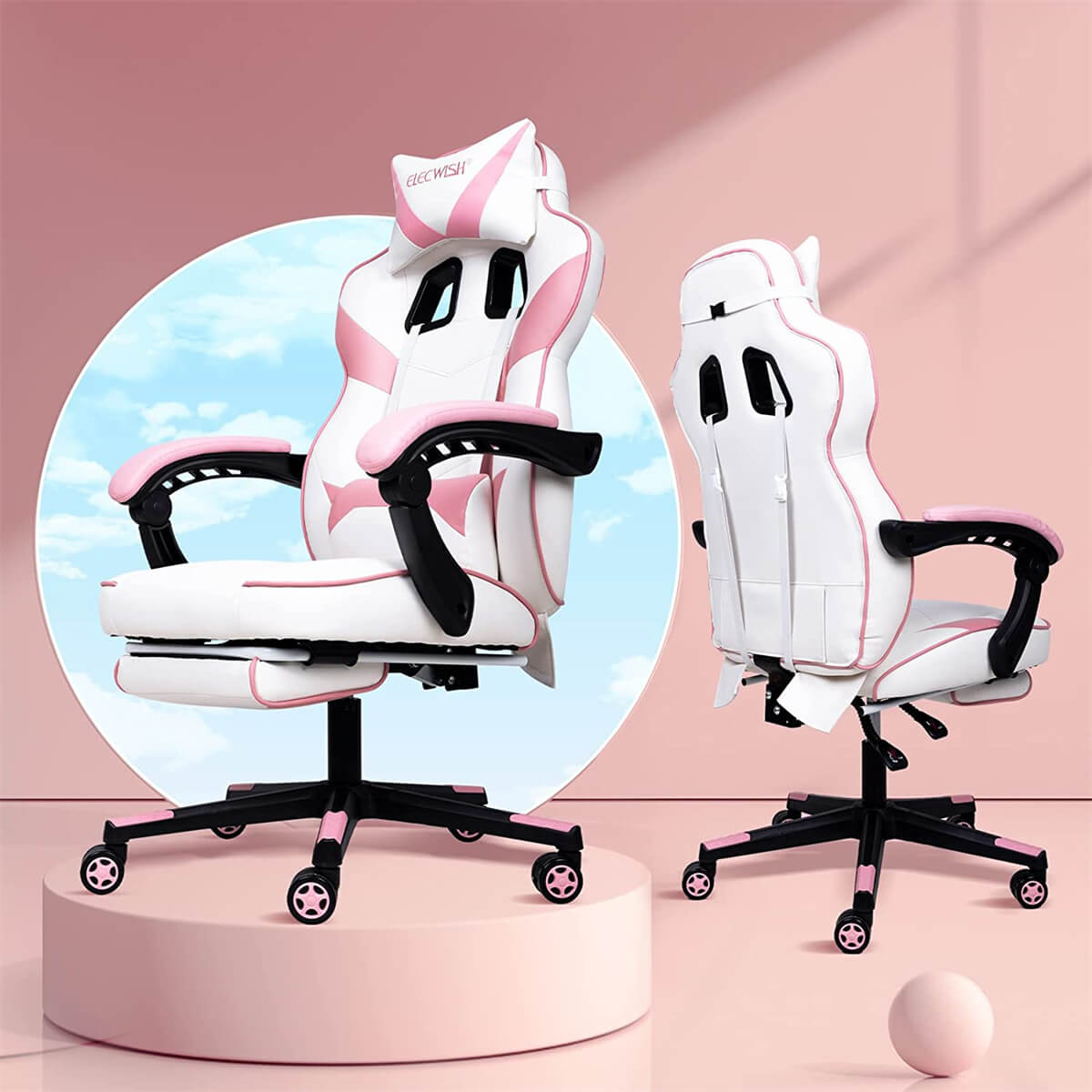 Elecwish Video Game Chairs Pink Gaming Chair With Footrest OC087 displays