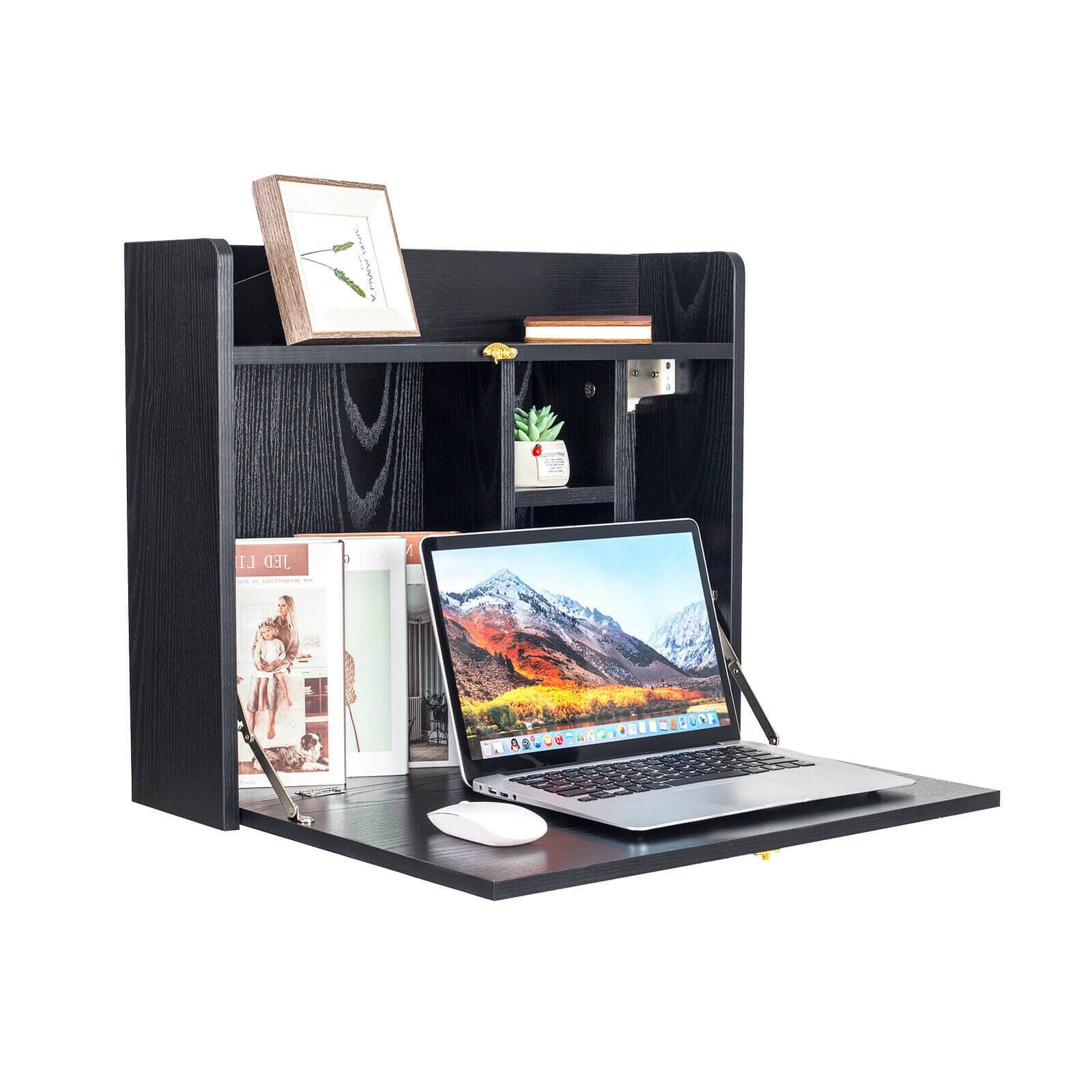 Elecwish Black Wall Mounted Table Black Foldable Storage Shelf Wall-Mounted Desk HW1138