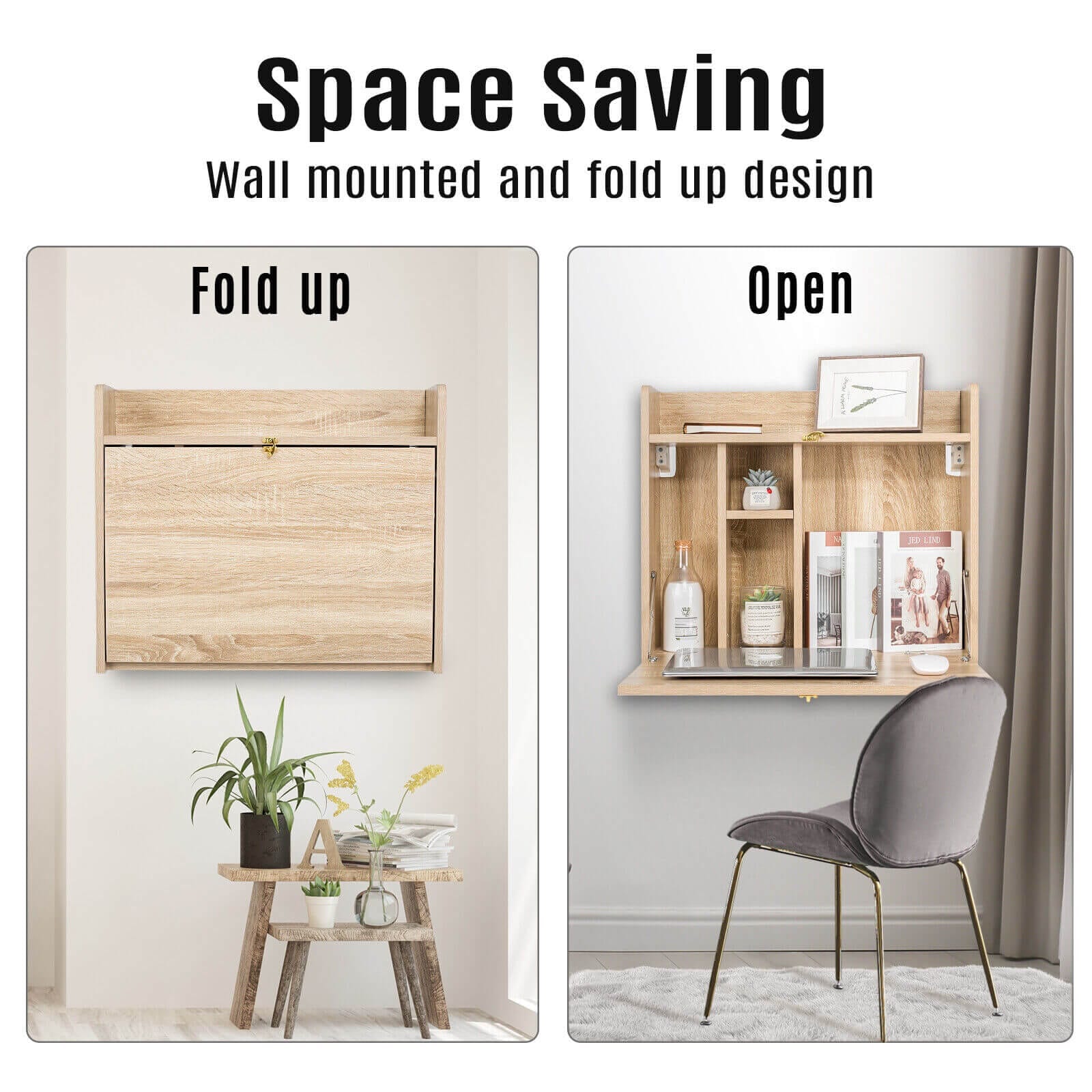 Elecwish Maple Wall Mounted Table Foldable Storage Shelf Wall-Mounted Desk HW1138 has wall mounted and fold up design