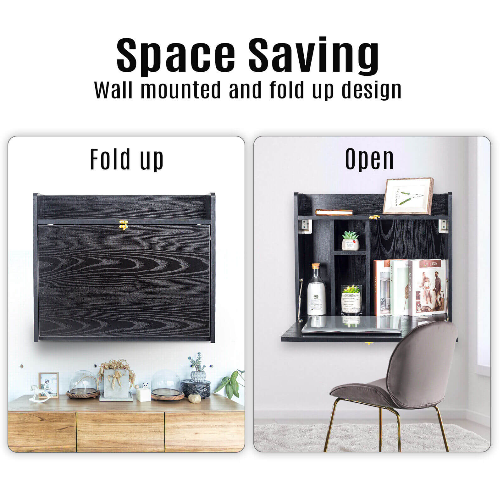 Elecwish Black Wall Mounted Table Foldable Storage Shelf Wall-Mounted Desk HW1138 has wall mounted and fold up design