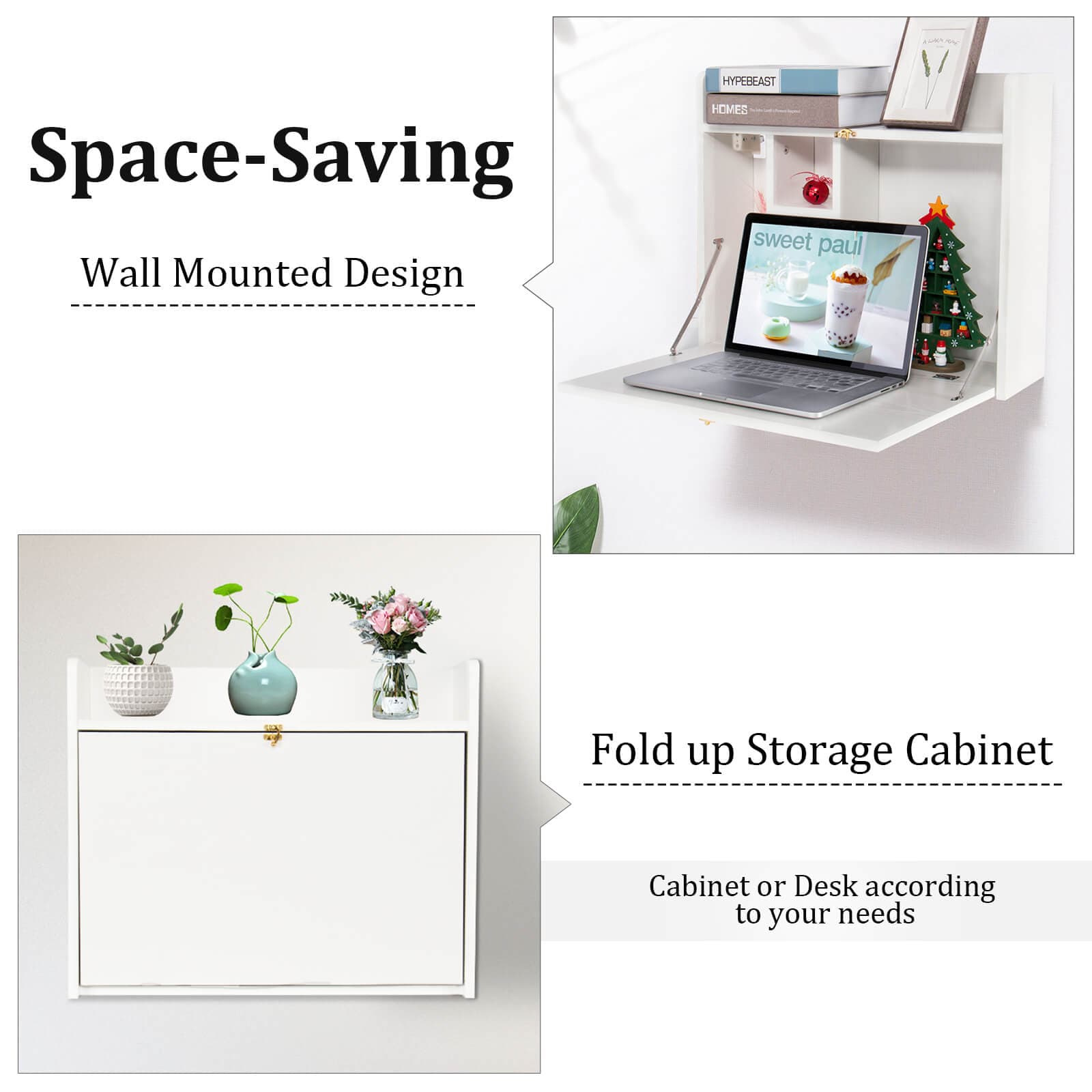 Elecwish White Wall Mounted Table Foldable Storage Shelf Wall-Mounted Desk HW1138 has space-saving