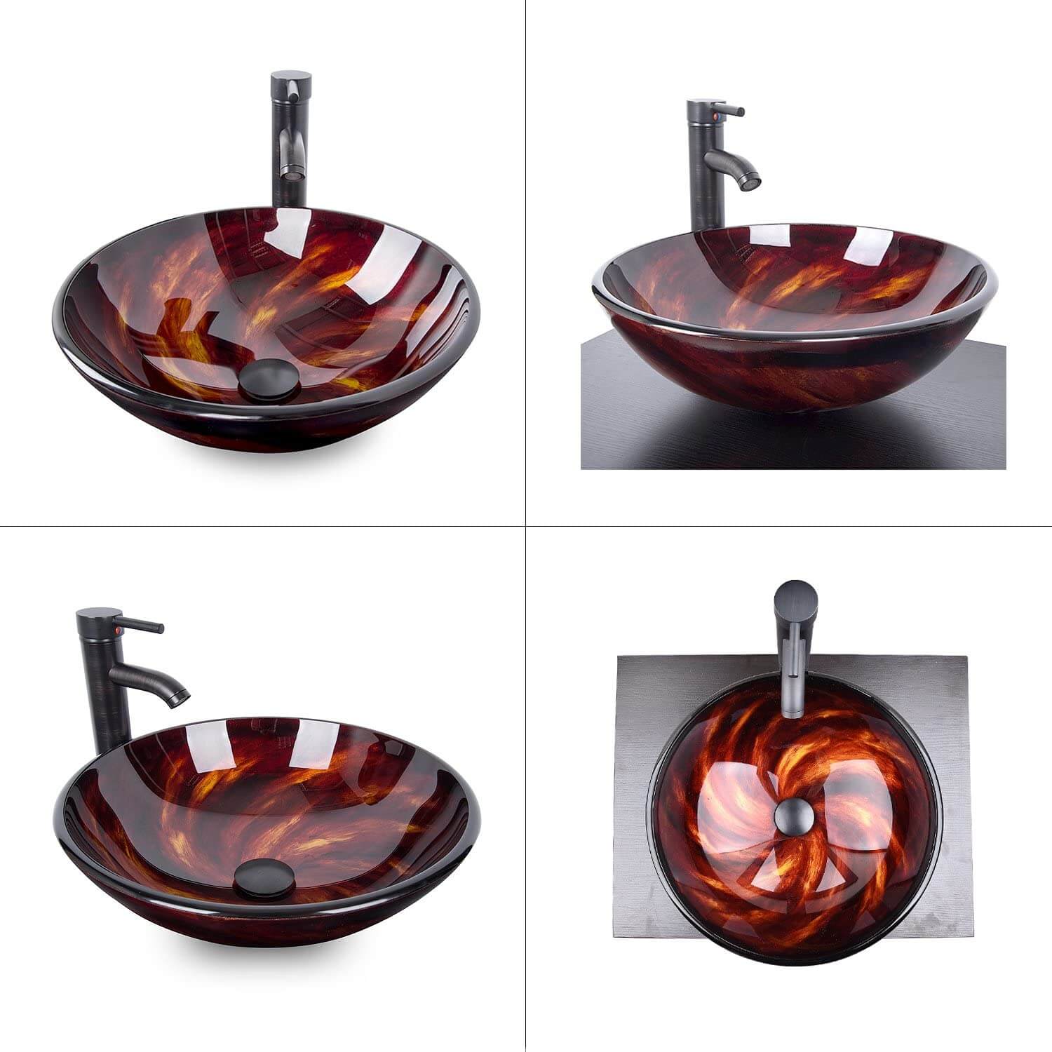 4 angle views of Elecwish flame red round sink
