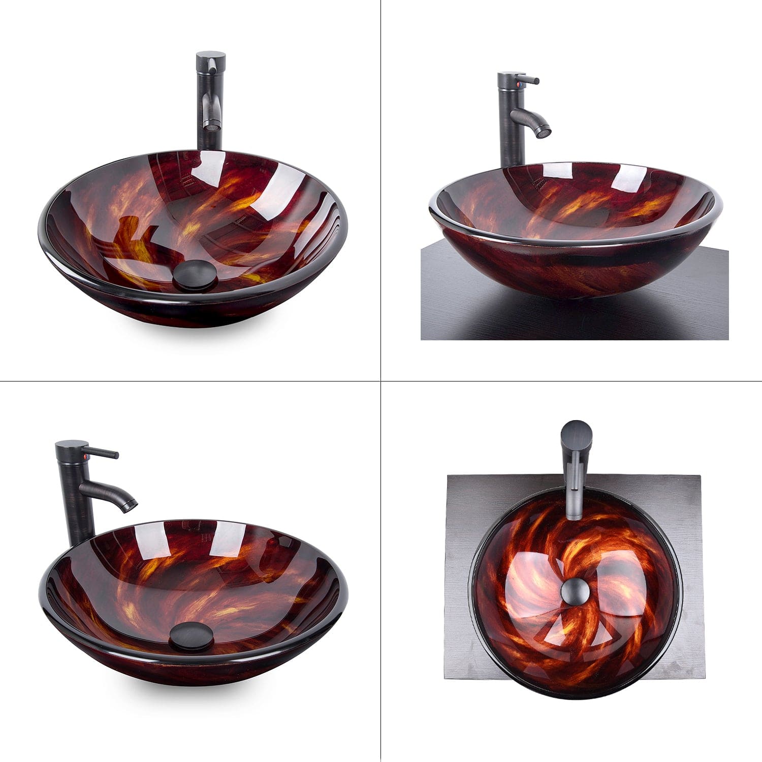 Four angle views of Elecwish Flame Red Round Sink