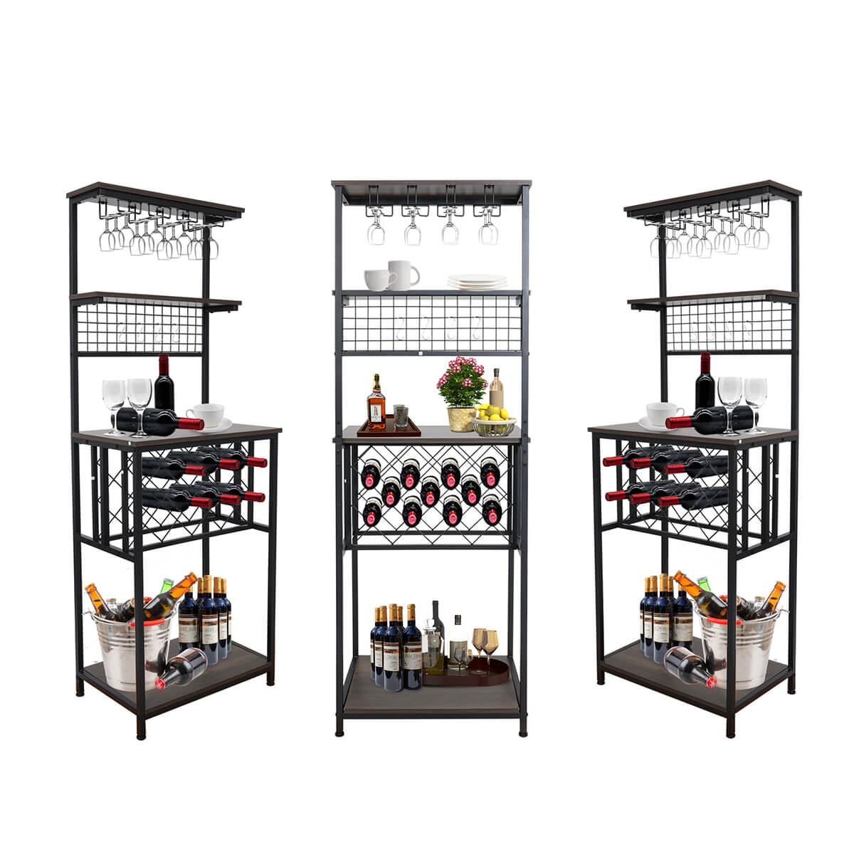 Three angles of Freestanding Wine Cabinet with Storage Shelves KA711