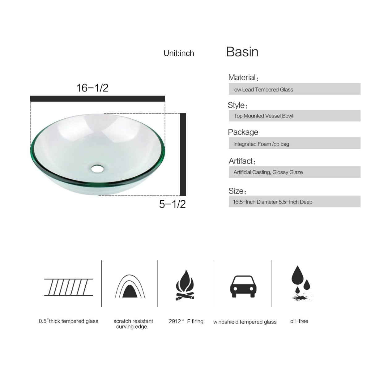 Elecwish glossy glass sink size and description