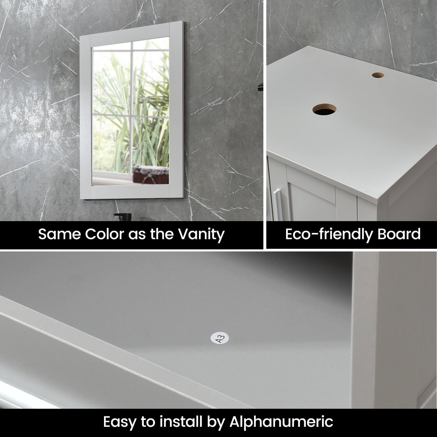 Three detail display of Gray Wood Bathroom Cabinet Combo Set BV1010-GY