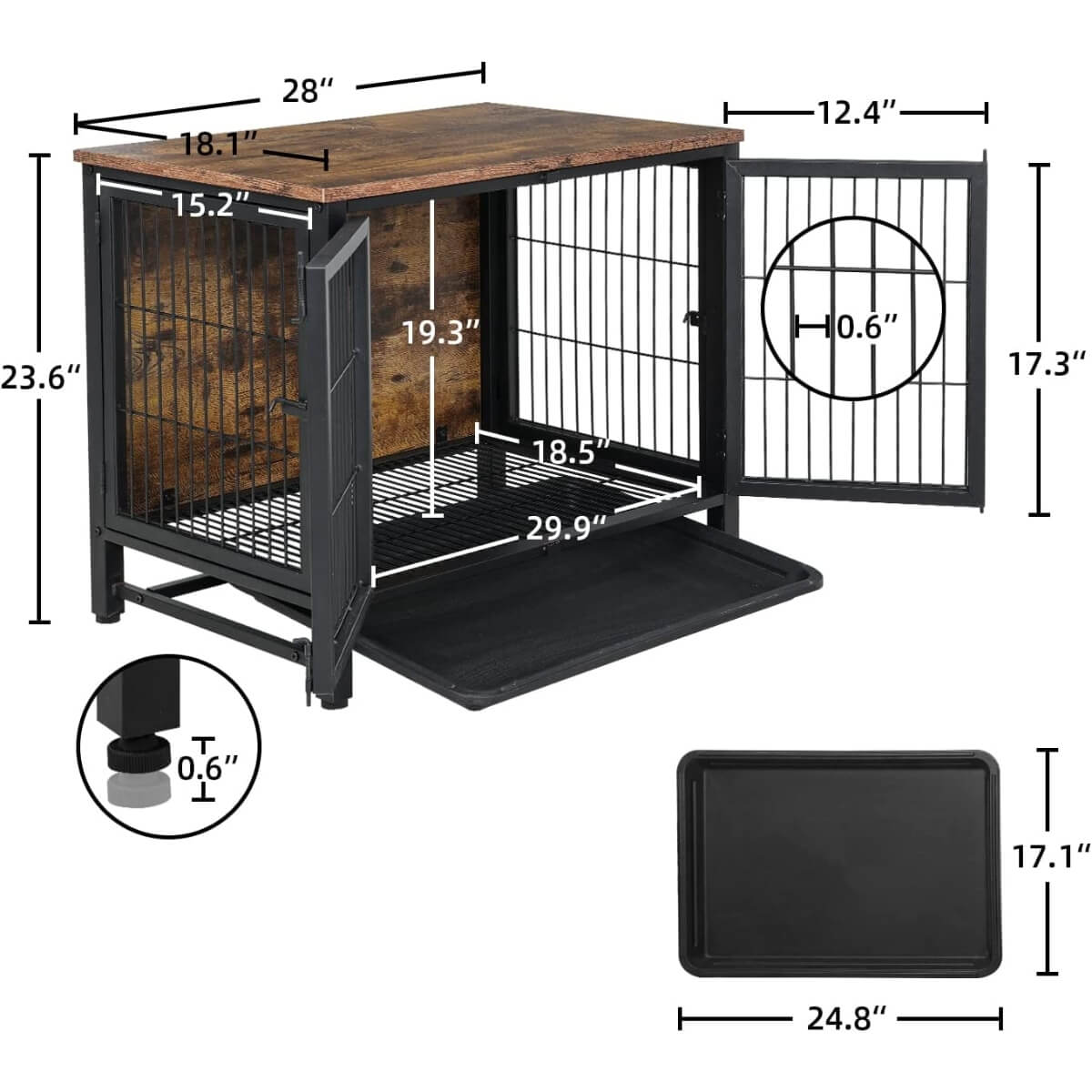 Size of small wooden dog crate furniture with tray 