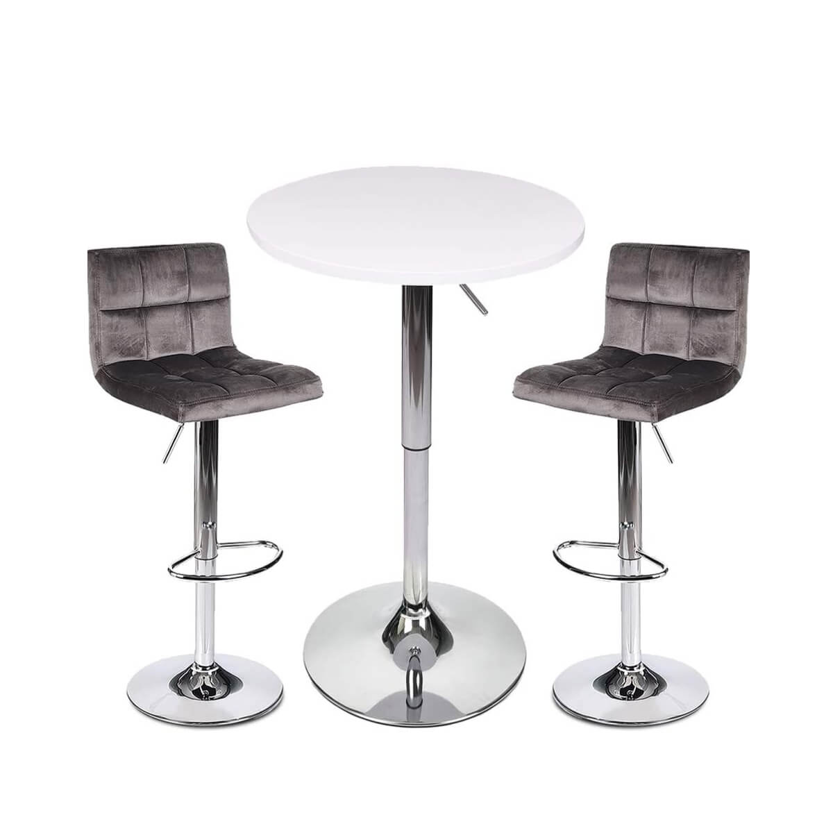 Elecwish White Bar Table with 2 Grey Contemporary Chrome Air Lift Barstool Flannel Padded Adjustable Swivel Stools