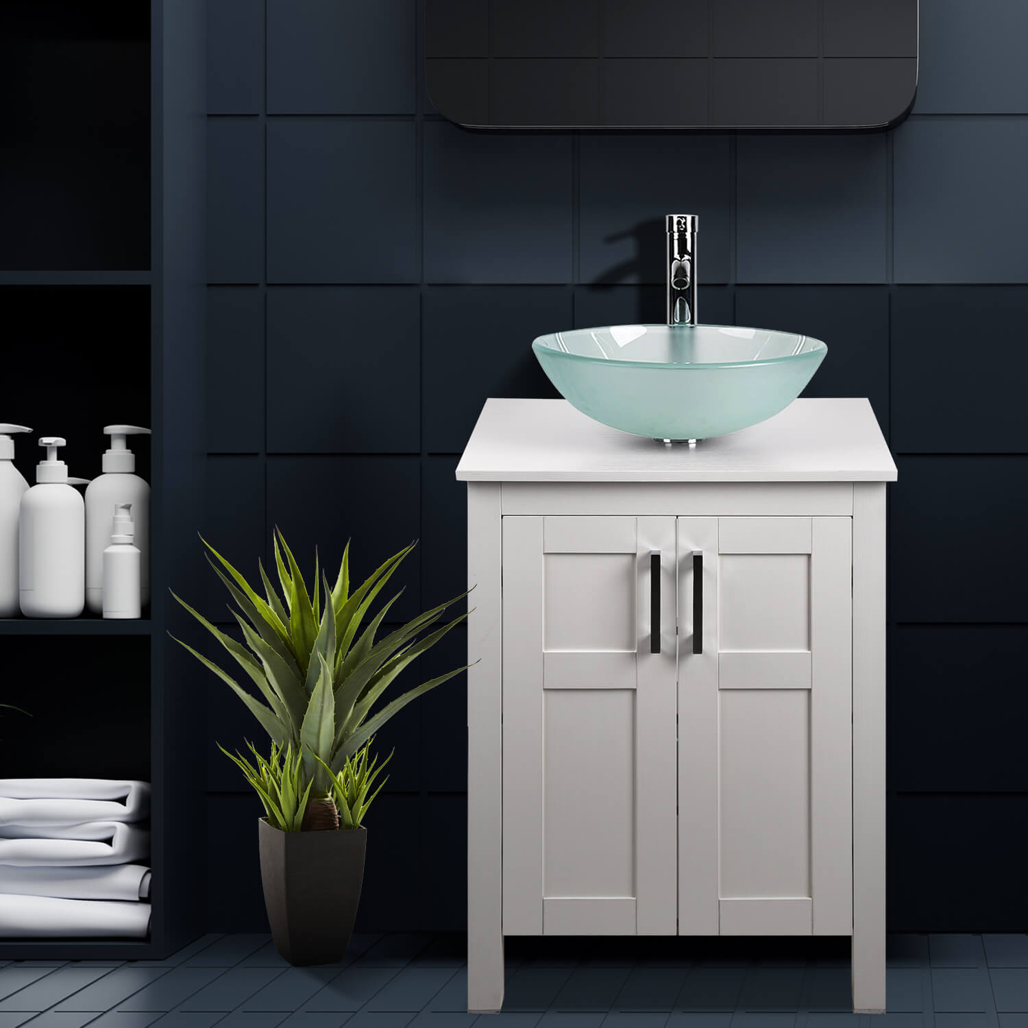Elecwish White Bathroom Vanity and Clear Green Sink Set HW1120-WH display scene