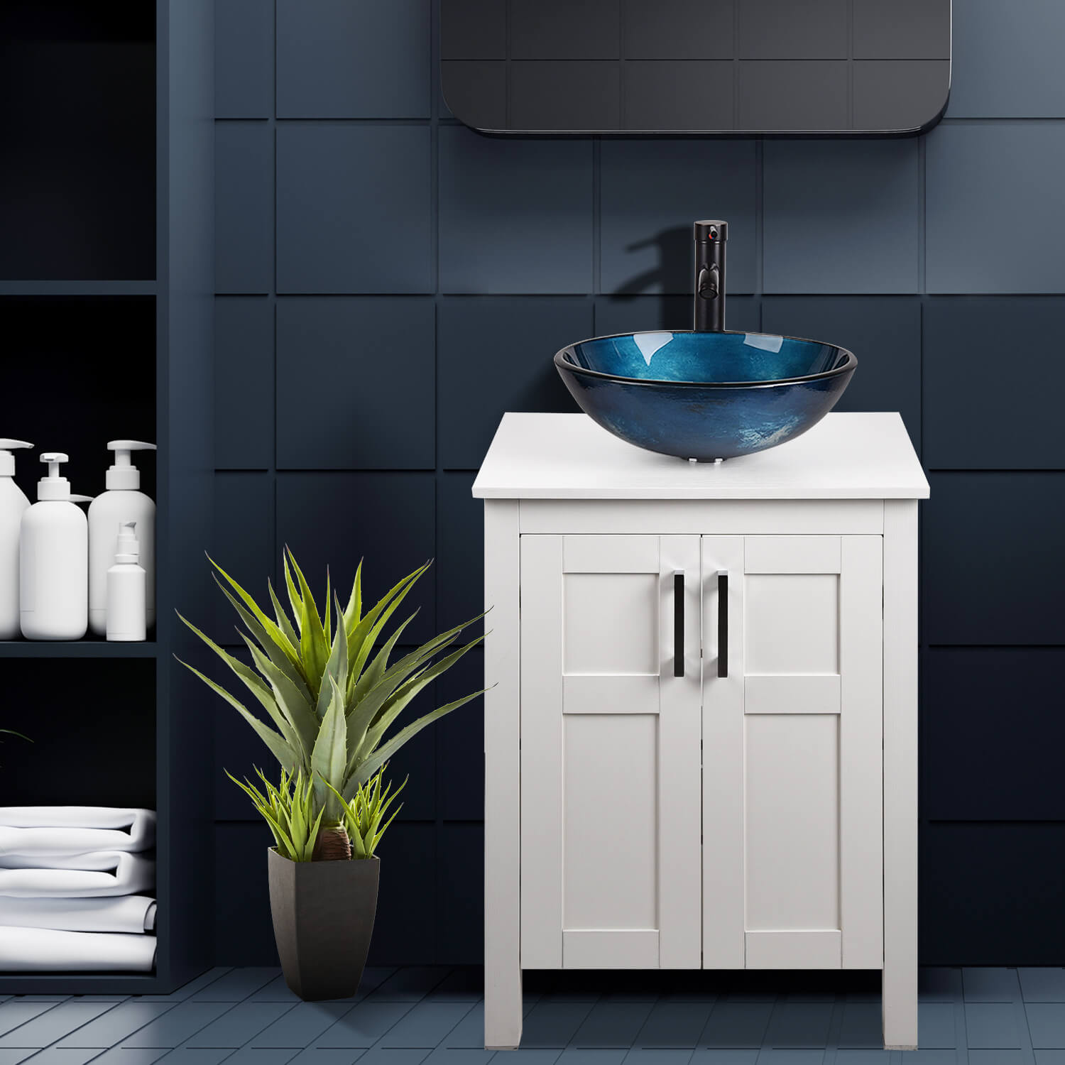 Elecwish White Bathroom Vanity and Blue Glass Sink Set HW1120-WH display scene