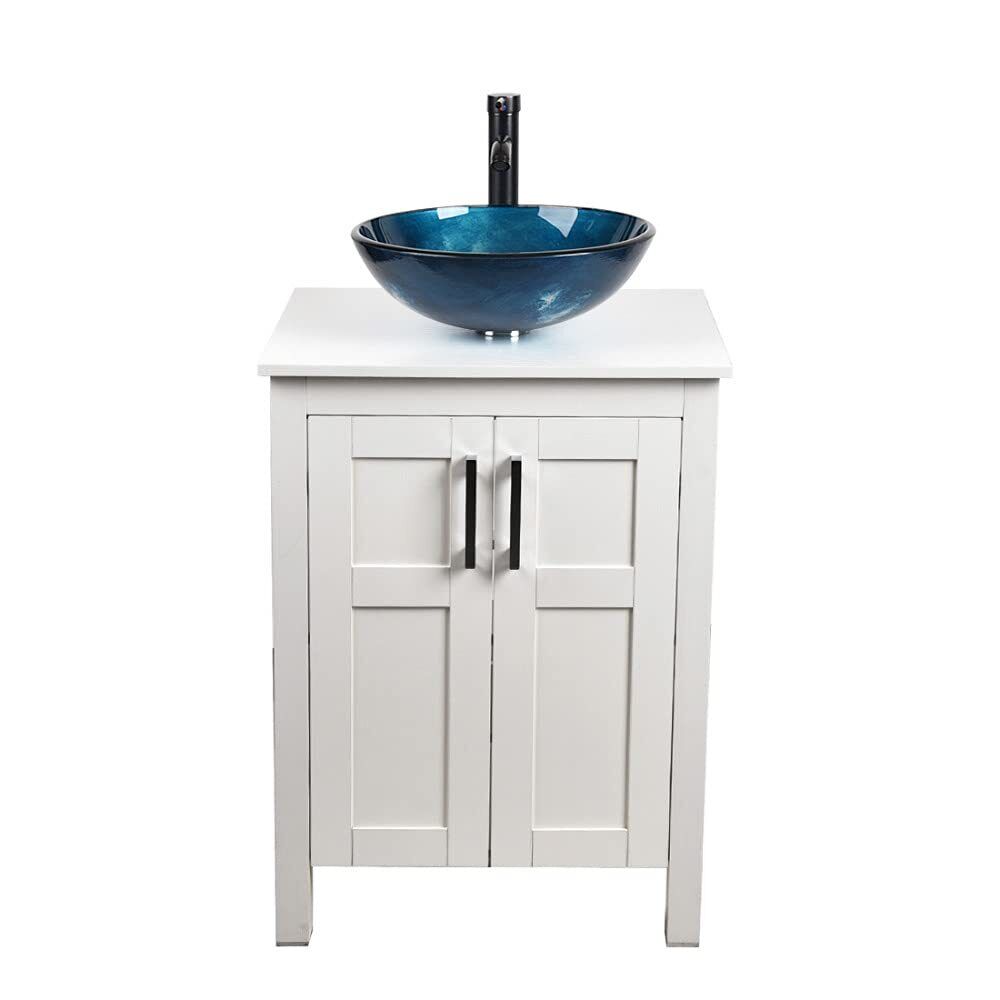 Elecwish White Bathroom Vanity and Blue Glass Sink Set HW1120-WH