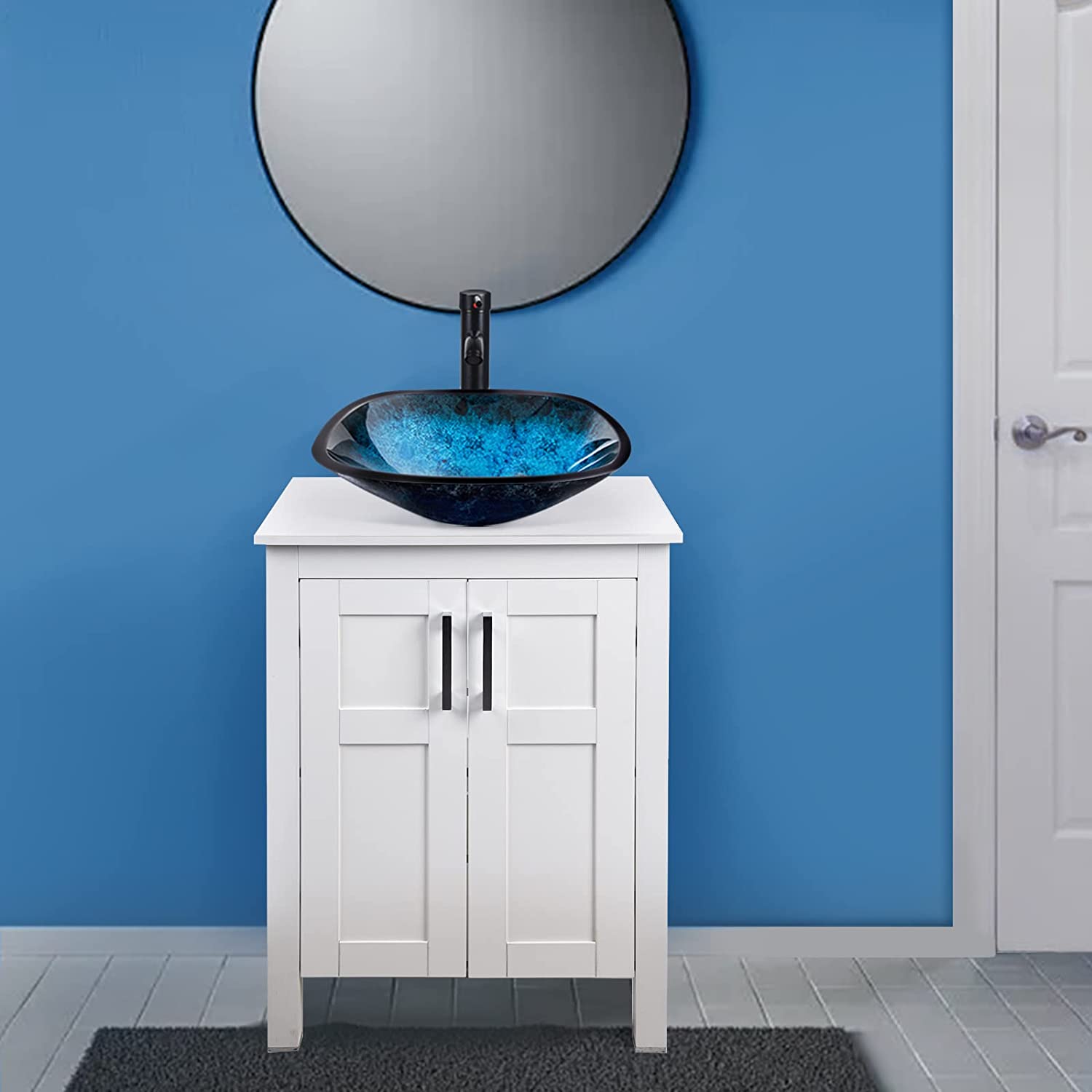 Elecwish White Bathroom Vanity and Square Blue Sink Set HW1120-WH display scene